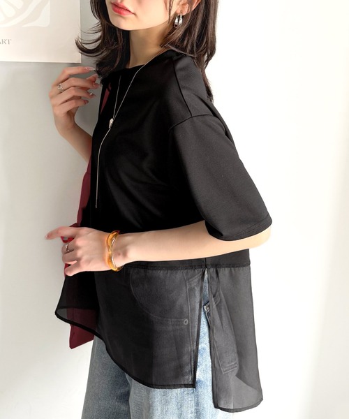 classicalelf(クラシカルエルフ)の「夏に涼しさ引き立てる透け感が◎裾シアー切り替えライトダンボール半袖Tシャツ(Tシャツ/カットソー・レディース・ブラック/オフホワイト/ベージュ・X-LARGE/LARGE/MEDIUM/SMALL)」の3枚目の写真