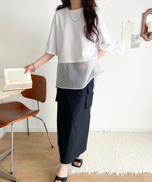classicalelf(クラシカルエルフ)の「夏に涼しさ引き立てる透け感が◎裾シアー切り替えライトダンボール半袖Tシャツ(Tシャツ/カットソー・レディース・ブラック/オフホワイト/ベージュ・X-LARGE/LARGE/MEDIUM/SMALL)」の20枚目の写真