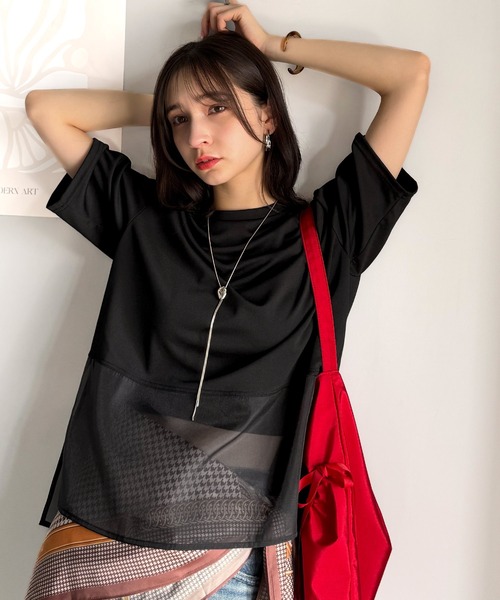 classicalelf(クラシカルエルフ)の「夏に涼しさ引き立てる透け感が◎裾シアー切り替えライトダンボール半袖Tシャツ(Tシャツ/カットソー・レディース・ブラック/オフホワイト/ベージュ・X-LARGE/LARGE/MEDIUM/SMALL)」の7枚目の写真