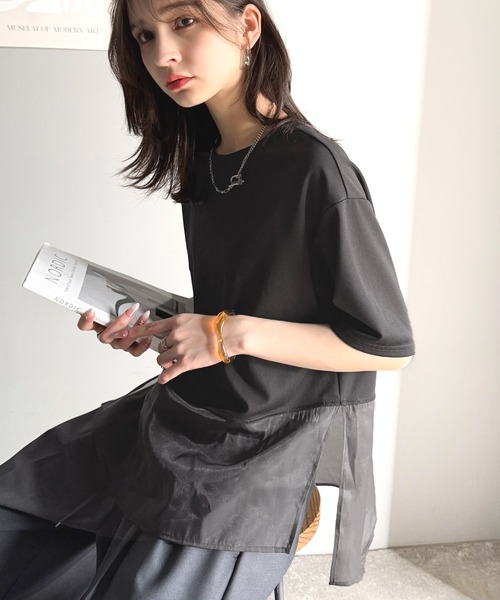 classicalelf(クラシカルエルフ)の「夏に涼しさ引き立てる透け感が◎裾シアー切り替えライトダンボール半袖Tシャツ(Tシャツ/カットソー・レディース・ブラック/オフホワイト/ベージュ・X-LARGE/LARGE/MEDIUM/SMALL)」の12枚目の写真