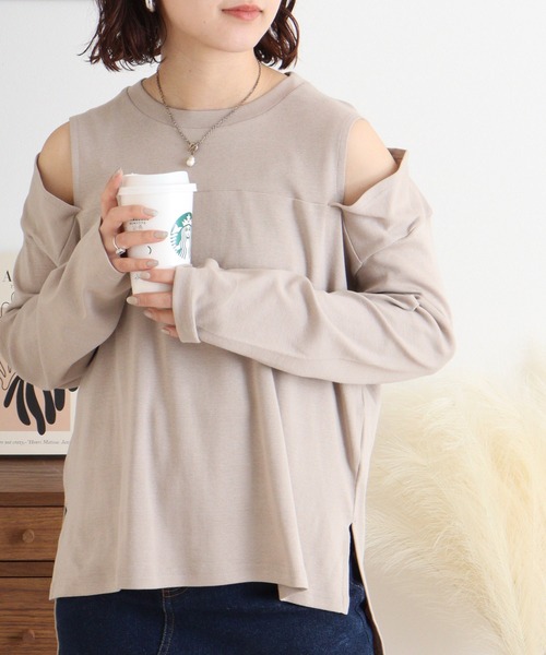 atONE(アットワン)の「オープンショルダーロングスリーブTシャツ(Tシャツ/カットソー・レディース・グレイッシュベージュ/カーキ/チャコールグレー/杢グレー/ブラック/オフホワイト・M-L/4L~5L/LL~3L)」の6枚目の写真