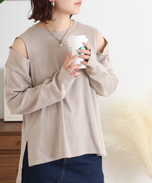 atONE(アットワン)の「オープンショルダーロングスリーブTシャツ(Tシャツ/カットソー・レディース・グレイッシュベージュ/カーキ/チャコールグレー/杢グレー/ブラック/オフホワイト・M-L/4L~5L/LL~3L)」の17枚目の写真