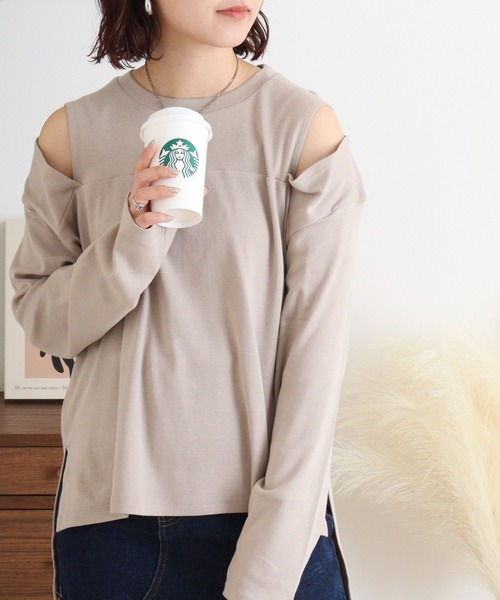 atONE(アットワン)の「オープンショルダーロングスリーブTシャツ(Tシャツ/カットソー・レディース・グレイッシュベージュ/カーキ/チャコールグレー/杢グレー/ブラック/オフホワイト・M-L/4L~5L/LL~3L)」の18枚目の写真