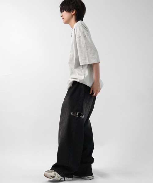 96thes(クローズ)の「【96thes】サイドカットオフ ワイドルーズデニムパンツ ユニセックス(デニムパンツ・メンズ・ブラック/サックスブルー/グレー・M/L)」の5枚目の写真