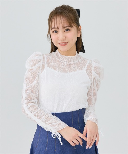 REDYAZEL（レディアゼル）の「シャーリングスリーブレースブラウス（Tシャツ/カットソー・レディース・ホワイト系その他/ブラック系その他・FREE）」の2枚目の写真