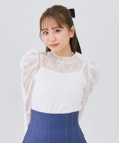 REDYAZEL（レディアゼル）の「シャーリングスリーブレースブラウス（Tシャツ/カットソー・レディース・ホワイト系その他/ブラック系その他・FREE）」の9枚目の写真