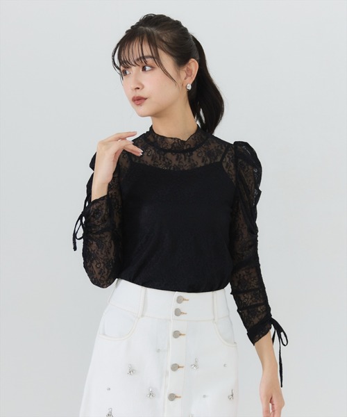 REDYAZEL（レディアゼル）の「シャーリングスリーブレースブラウス（Tシャツ/カットソー・レディース・ホワイト系その他/ブラック系その他・FREE）」の3枚目の写真