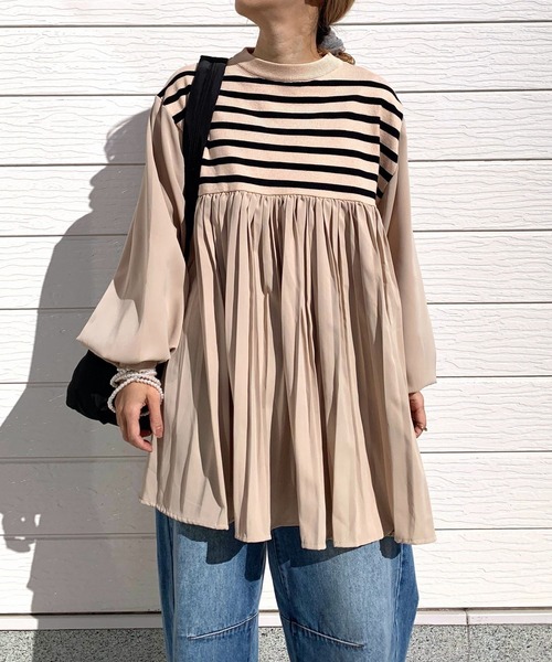 Q(キュー)の「ボーダードッキングチュニック(ニット/セーター・レディース・ブラック/ベージュ系・MEDIUM)」の1枚目の写真