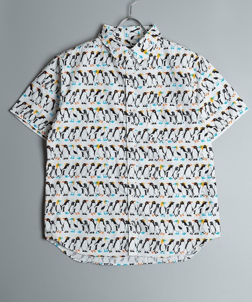 日本製 ネコ ペンギン クマ プリント オックスフォード レギュラー カラー 半袖 シャツ(GW)
