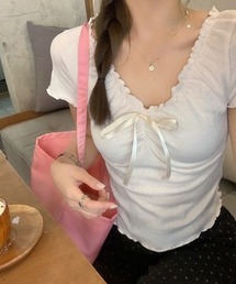 胸元リボンギャザー入りカットトップス