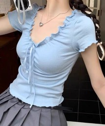 胸元リボンギャザー入りカットトップス