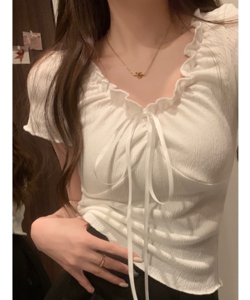 LADY LIKE(レディライク)の「胸元リボンギャザー入りカットトップス(Tシャツ/カットソー・レディース・グレー/ブルー/アイボリー/ホワイト/ピンク・M)」の22枚目の写真