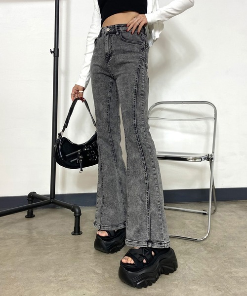 non-hedge（ノンヘッジ）の「切替デニムフレアパンツ（デニムパンツ・レディース・チャコールグレー/ブルー/ブラック/ライトブルー・S/M）」の6枚目の写真