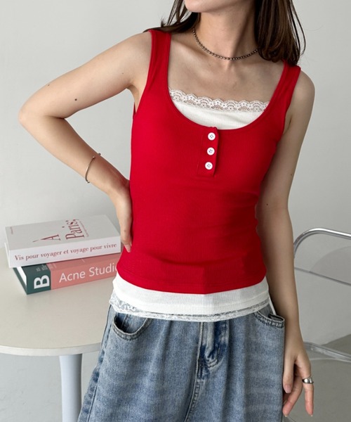 CLEA（クレア）の「カップ付きレースレイヤード風タンクトップ（タンクトップ・レディース・ブラック/グレー/レッド・FREE）」の17枚目の写真