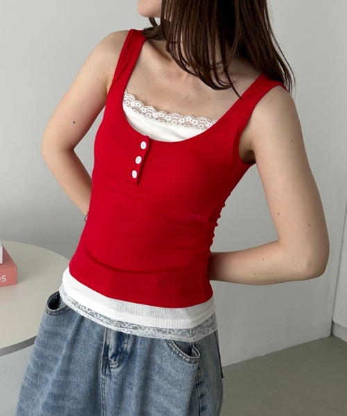 CLEA（クレア）の「カップ付きレースレイヤード風タンクトップ（タンクトップ・レディース・ブラック/グレー/レッド・FREE）」の18枚目の写真