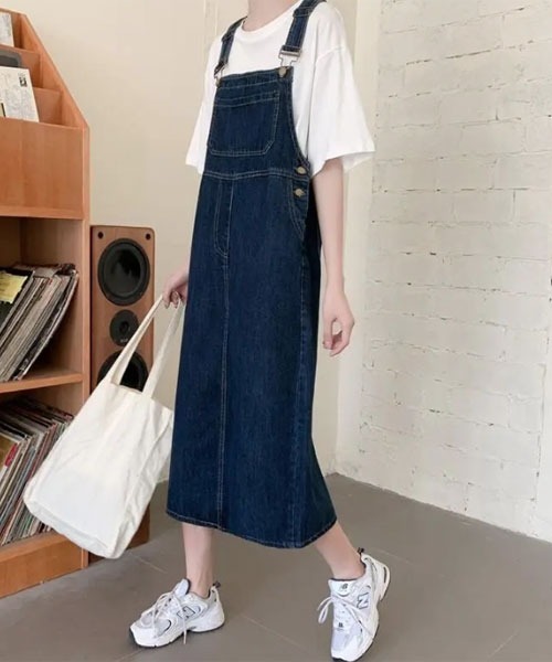 urge:(アージコロン )の「【URGE:】デニム ロング丈 オーバーオール ワンピース(ジャンパースカート・レディース・ネイビー・X-LARGE/LARGE/MEDIUM/SMALL)」の2枚目の写真