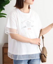 Anna Nicola チュールレイヤード バレエコア リボンイラストプリント半袖Tシャツ
