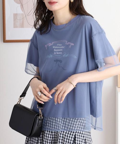 tシャツ Anna Nicola チュールレイヤード バレエコア リボンイラストプリント半袖Tシャツ レディース アンナニコラ Anna Nicola チュールレイヤード バレエコア