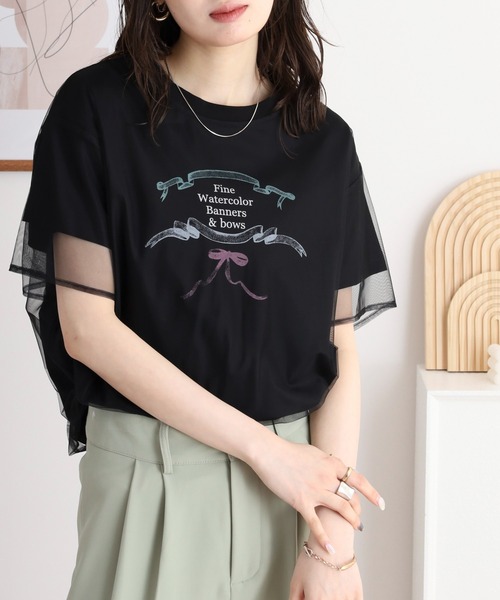 アンナニコラ Anna Nicola ドットチュールフリルトップス 半袖カットソー （ライトグレー） アンナニコラ Anna Nicola チュールレイヤード バレエコア