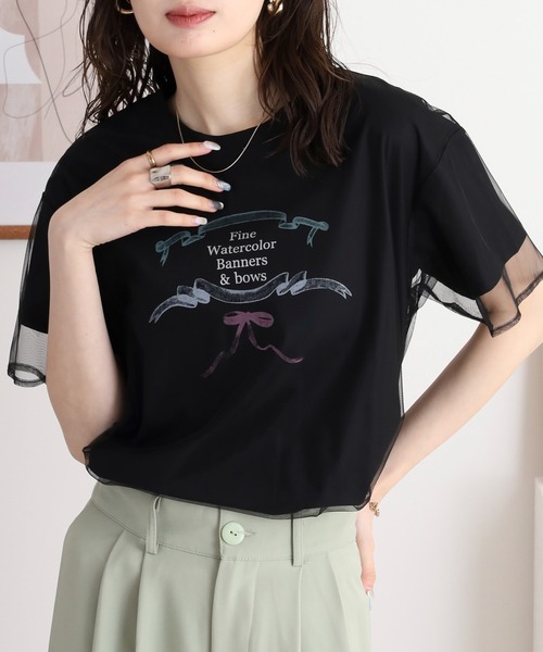 アンナニコラ Anna Nicola チュールレイヤード バレエコア リボンイラストプリント半袖Tシャツ （ブルー） セール】Anna Nicola チュールレイヤード バレエコア リボン