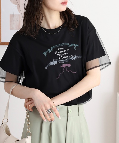 tシャツ Anna Nicola チュールレイヤード バレエコア リボンイラストプリント半袖Tシャツ レディース セール】Anna Nicola チュールレイヤード バレエコア リボン