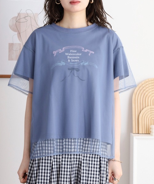 アンナニコラ Anna Nicola チュールレイヤード バレエコア リボンイラストプリント半袖Tシャツ （オフホワイト） Anna Nicola（アンナニコラ）の「Anna Nicola チュール