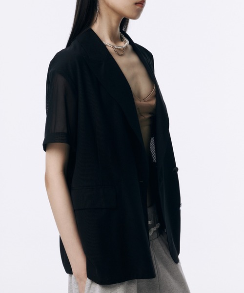 ジャケット・アウター 90's Sheer Sleeve Design Black Jacket セール】SHEER HALFSLEEVE JACKET/シアーハーフスリーブ