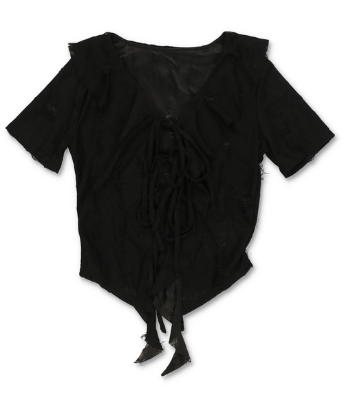 SPINNS（スピンズ）の「ダメージボレロ/フリルリボン/Vネック（シャツ/ブラウス・レディース・ブラック/グレー/ホワイト・ONESIZE）」の2枚目の写真