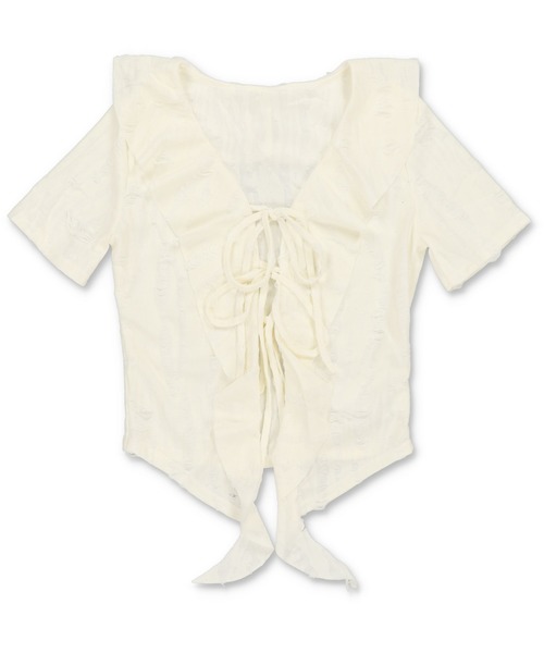 SPINNS（スピンズ）の「ダメージボレロ/フリルリボン/Vネック（シャツ/ブラウス・レディース・ブラック/グレー/ホワイト・ONESIZE）」の4枚目の写真