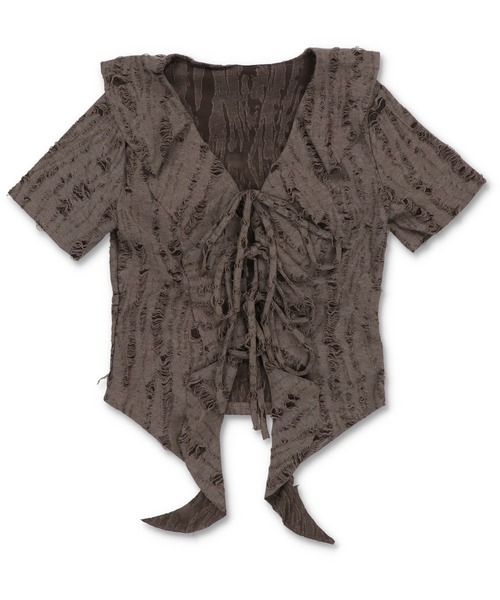 SPINNS（スピンズ）の「ダメージボレロ/フリルリボン/Vネック（シャツ/ブラウス・レディース・ブラック/グレー/ホワイト・ONESIZE）」の6枚目の写真