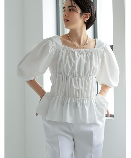 MEISM（ミズム）の「[2025SS COLLECTION][MEISM by Re:EDIT]クレープシャーリングパフスリーブ六分袖ブラウス（シャツ/ブラウス・レディース・ブラック/ホワイト・MEDIUM/LARGE）」の12枚目の写真