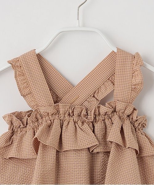 sense of wonder（センスオブワンダー）の「サッカーギンガムチェックサンドレス【日本製】（シャツワンピース・キッズ・プラム/オレンジ/グリーン・80-90cm/100-110cm/120-130cm）」の5枚目の写真