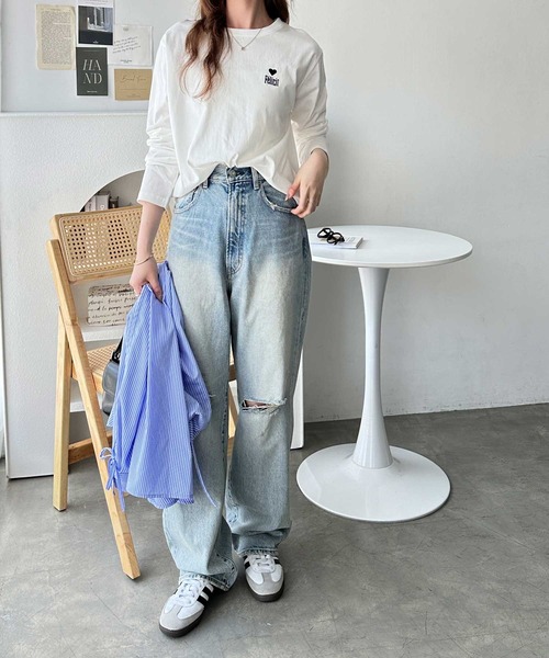 GeeRA（ジーラ）の「ハート＆ロゴワンポイント刺繍オーバーサイズロンT（Tシャツ/カットソー・レディース・チャコール/オートミール/オフホワイト・MEDIUM/LARGE/X-LARGE）」の9枚目の写真