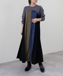 TEVALT | サイドプリーツ配色ニットワンピース(ワンピース)