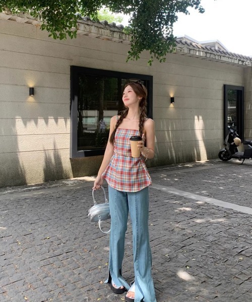 NANAHACHI(ナナハチ)の「チェック柄 バックシャーリング ペプラム風 キャミトップス(Tシャツ/カットソー・レディース・レッド・FREE)」の11枚目の写真