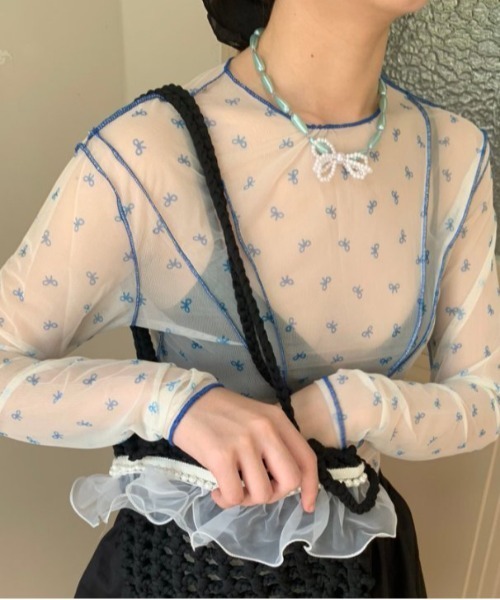 shyam inspiration(シャムインスピレーション)の「リボン柄 シースルーカラー メロウトップス / ロンT(Tシャツ/カットソー・レディース・レッド/ブルー・F)」の10枚目の写真