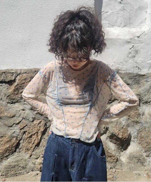 shyam inspiration(シャムインスピレーション)の「リボン柄 シースルーカラー メロウトップス / ロンT(Tシャツ/カットソー・レディース・レッド/ブルー・F)」の4枚目の写真