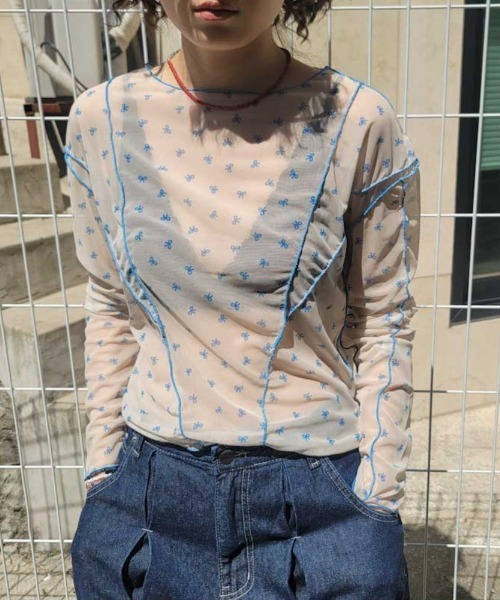 shyam inspiration(シャムインスピレーション)の「リボン柄 シースルーカラー メロウトップス / ロンT(Tシャツ/カットソー・レディース・レッド/ブルー・F)」の7枚目の写真