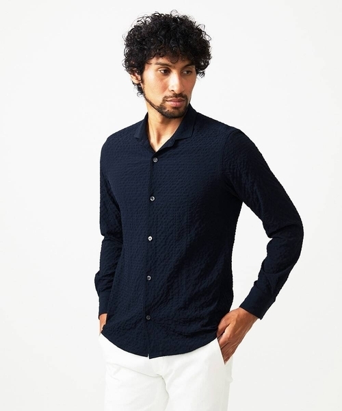 MICHEL KLEIN HOMME (ミッシェルクランオム)の「シアーサッカー調長袖シャツ(Tシャツ/カットソー・メンズ・ブルー/ベージュ/ネイビー・MEDIUM/LARGE/X-LARGE)」の1枚目の写真