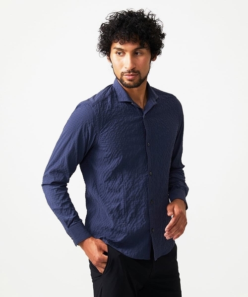 MICHEL KLEIN HOMME (ミッシェルクランオム)の「シアーサッカー調長袖シャツ(Tシャツ/カットソー・メンズ・ブルー/ベージュ/ネイビー・MEDIUM/LARGE/X-LARGE)」の5枚目の写真
