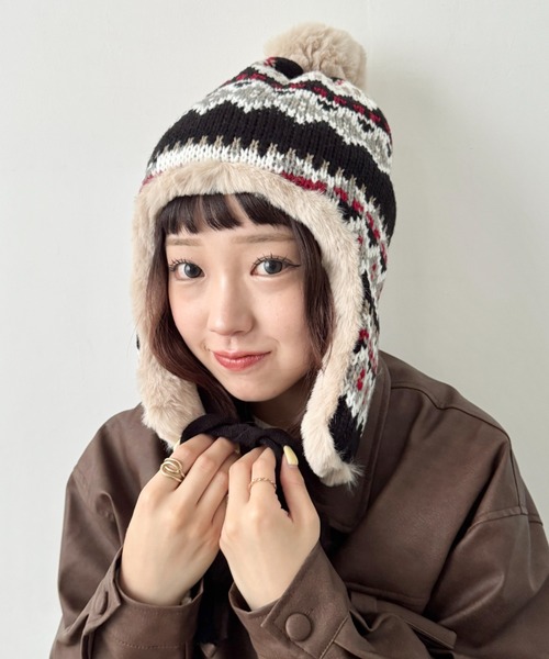 セール】ノルディック柄イヤーフラップファーニットキャップ（ニット