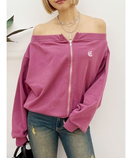 EVRIS（エヴリス）の「ジップアップオフショルトップス【セットアップ着用可能】（パーカー・レディース・パープル/ホワイト/ブラック/グレー・FREE）」の4枚目の写真