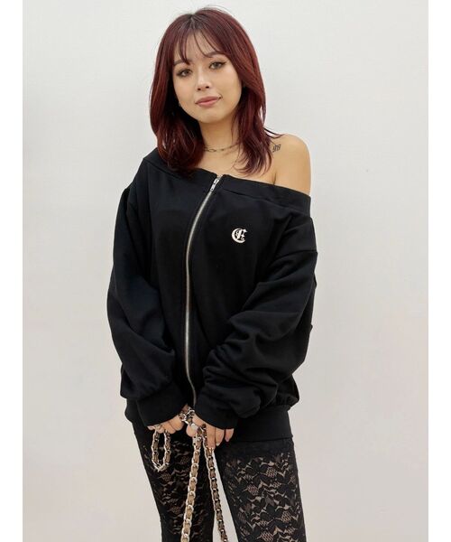 EVRIS（エヴリス）の「ジップアップオフショルトップス【セットアップ着用可能】（パーカー・レディース・パープル/ホワイト/ブラック/グレー・FREE）」の13枚目の写真