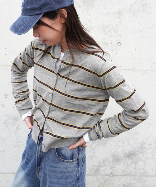 gossara（ゴサラ）の「ボーダークルーネックCD（カーディガン/ボレロ・レディース・ブラウン/グレー/アイボリー・FREE）」の2枚目の写真