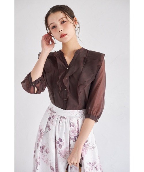 tocco closet(トッコ クローゼット)の「ラッフルフリルキーネック七分袖ブラウス(シャツ/ブラウス・レディース・オフホワイト/ブラウン/ピンク・M)」の1枚目の写真