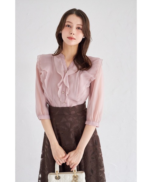 tocco closet(トッコ クローゼット)の「ラッフルフリルキーネック七分袖ブラウス(シャツ/ブラウス・レディース・オフホワイト/ブラウン/ピンク・M)」の3枚目の写真