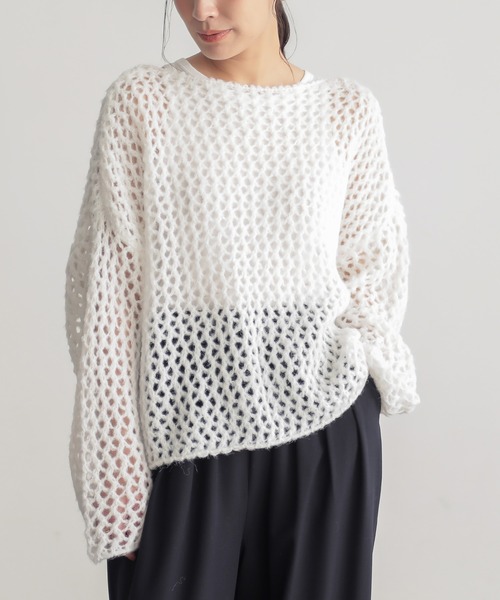 for/c(フォーシー)の「モヘアライクヘアリーメッシュニット【サスティナブル】(ニット/セーター・レディース・オフホワイト/グレー/ピンク・M/L)」の10枚目の写真