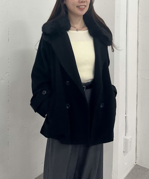 ファーカラー付ウールミドルコート（ピーコート）｜archives