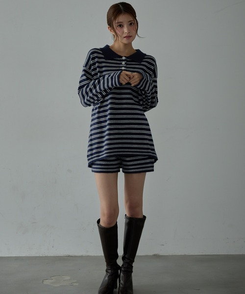 セール】【2点セット】ボーダーポロ襟ニット＋ショートパンツ