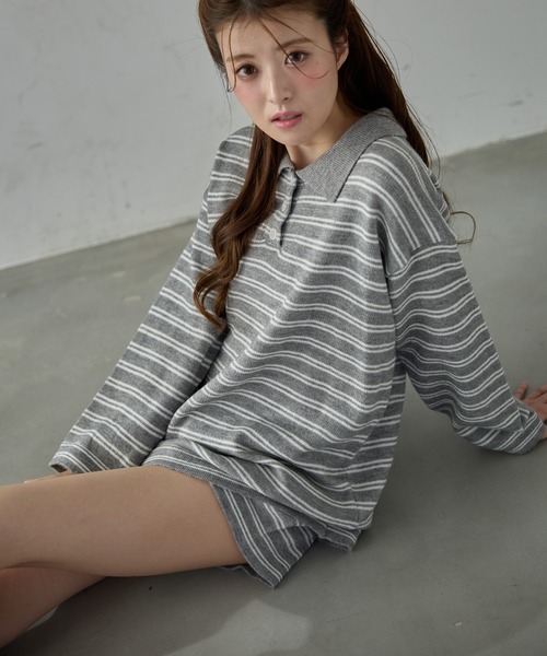 セール】【2点セット】ボーダーポロ襟ニット＋ショートパンツ